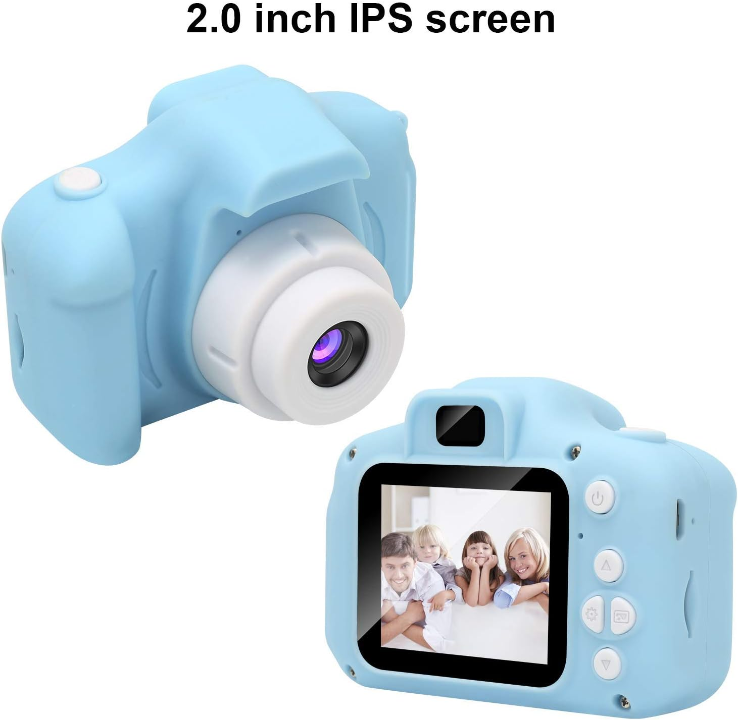 Blaue Spielzeugkamera mit Bildschirm, der ein Familienfoto zeigt. Sie hat einen 2,0-Zoll-IPS-Bildschirm.