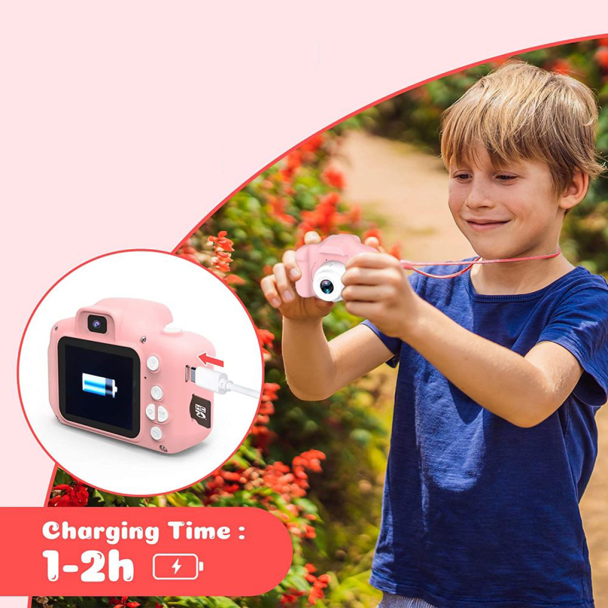 Ein Junge hält eine rosa Kamera, mit Ladeanzeige und Ladezeit angezeigt.