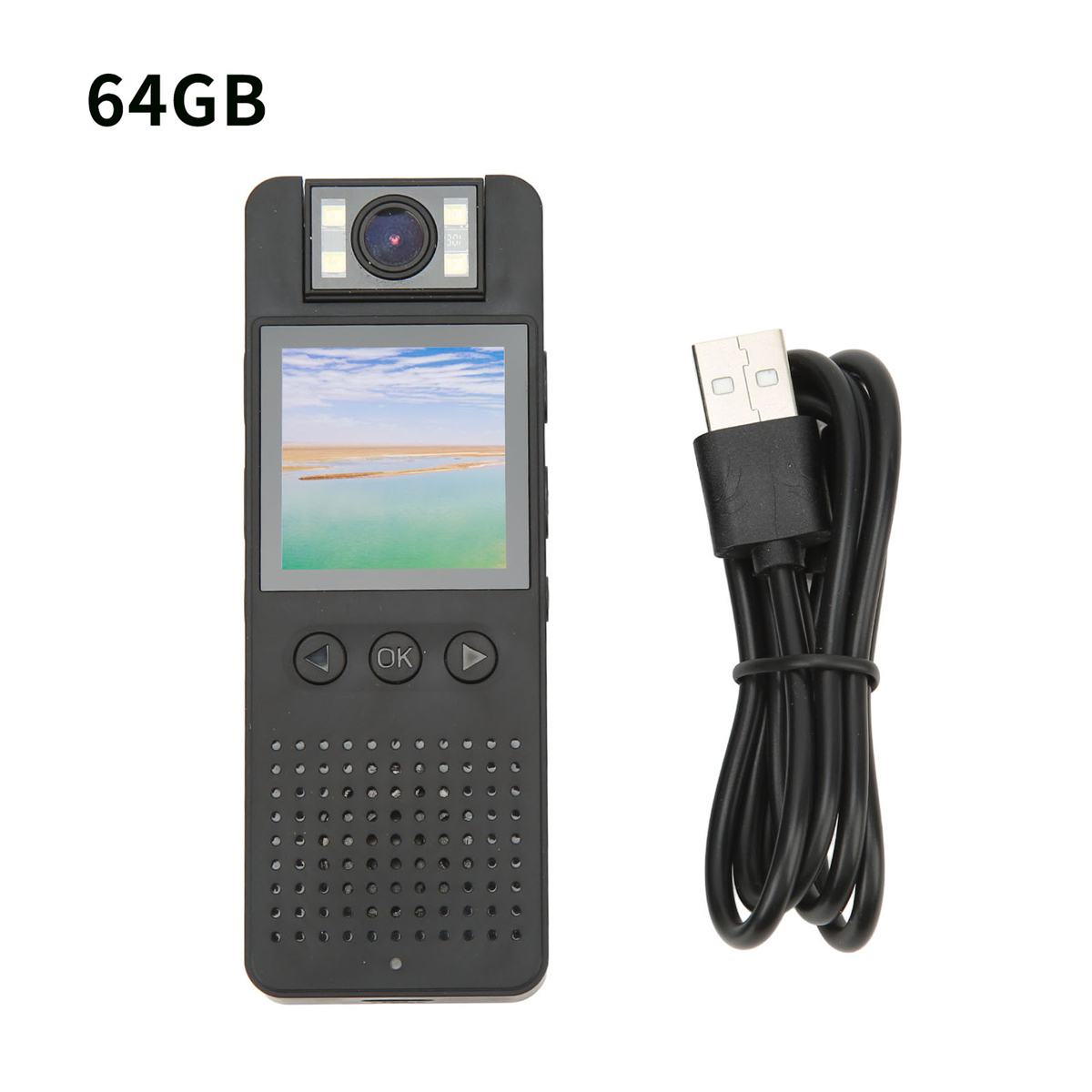 Schwarze Kamera mit USB-Kabel. Kompaktes Design mit Bildschirm. 64GB Text.