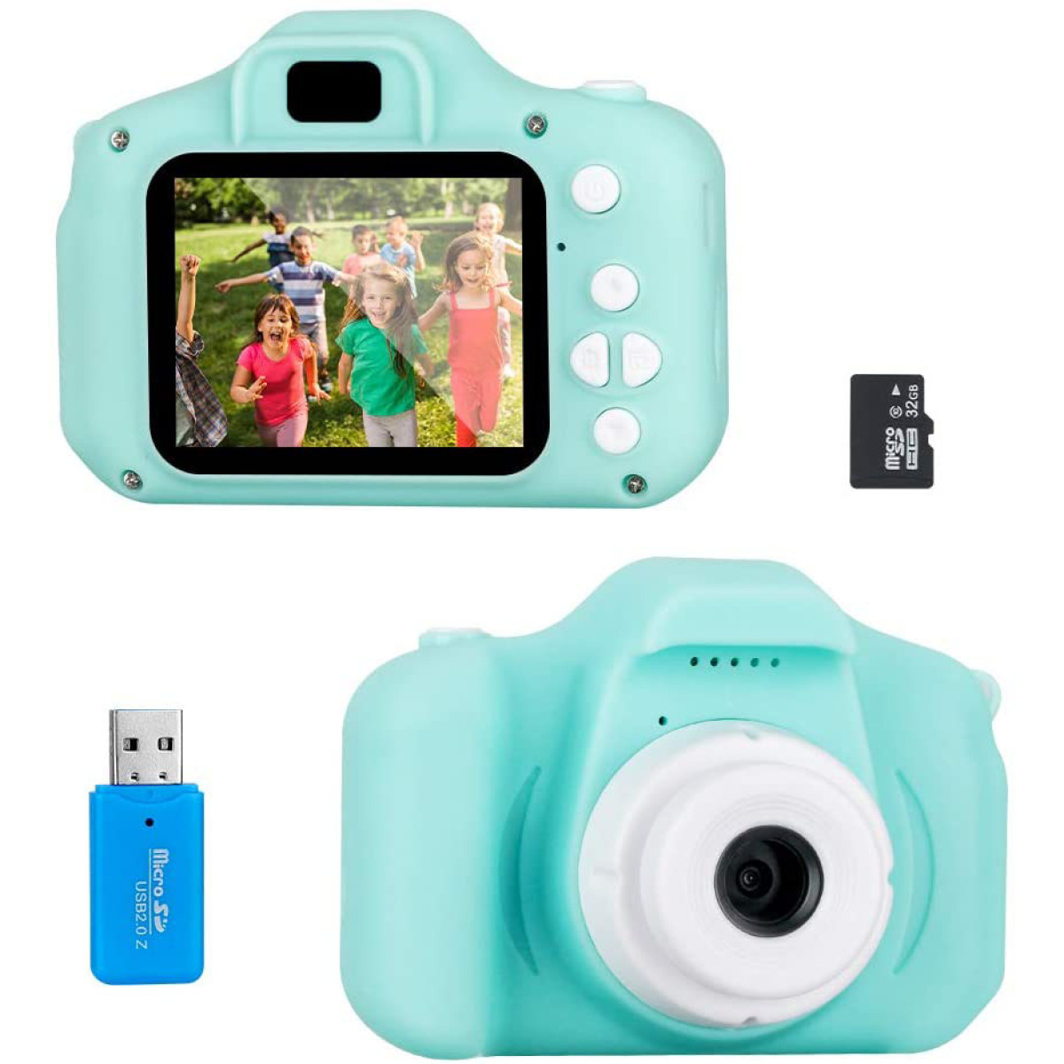 Blaue Kinderkamera mit Bildschirm, der spielende Kinder zeigt. Es gibt auch einen USB- und einen Micro-SD-Karte.