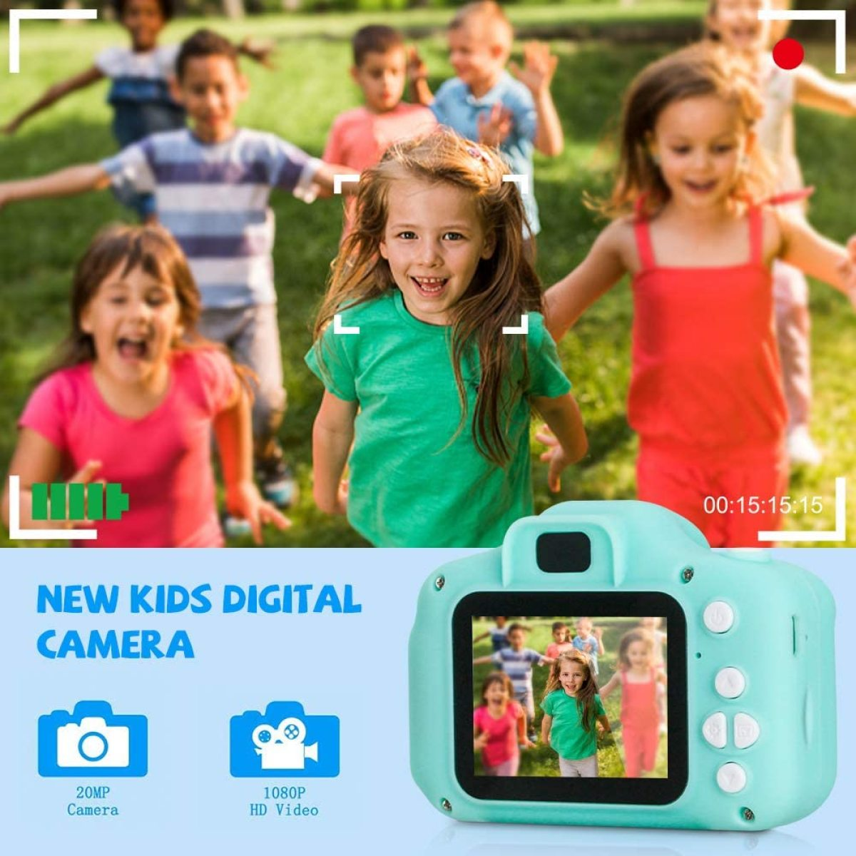 Digitalkamera für Kinder, lächelnde Kindergruppe und Bildschirm mit Mädchen.