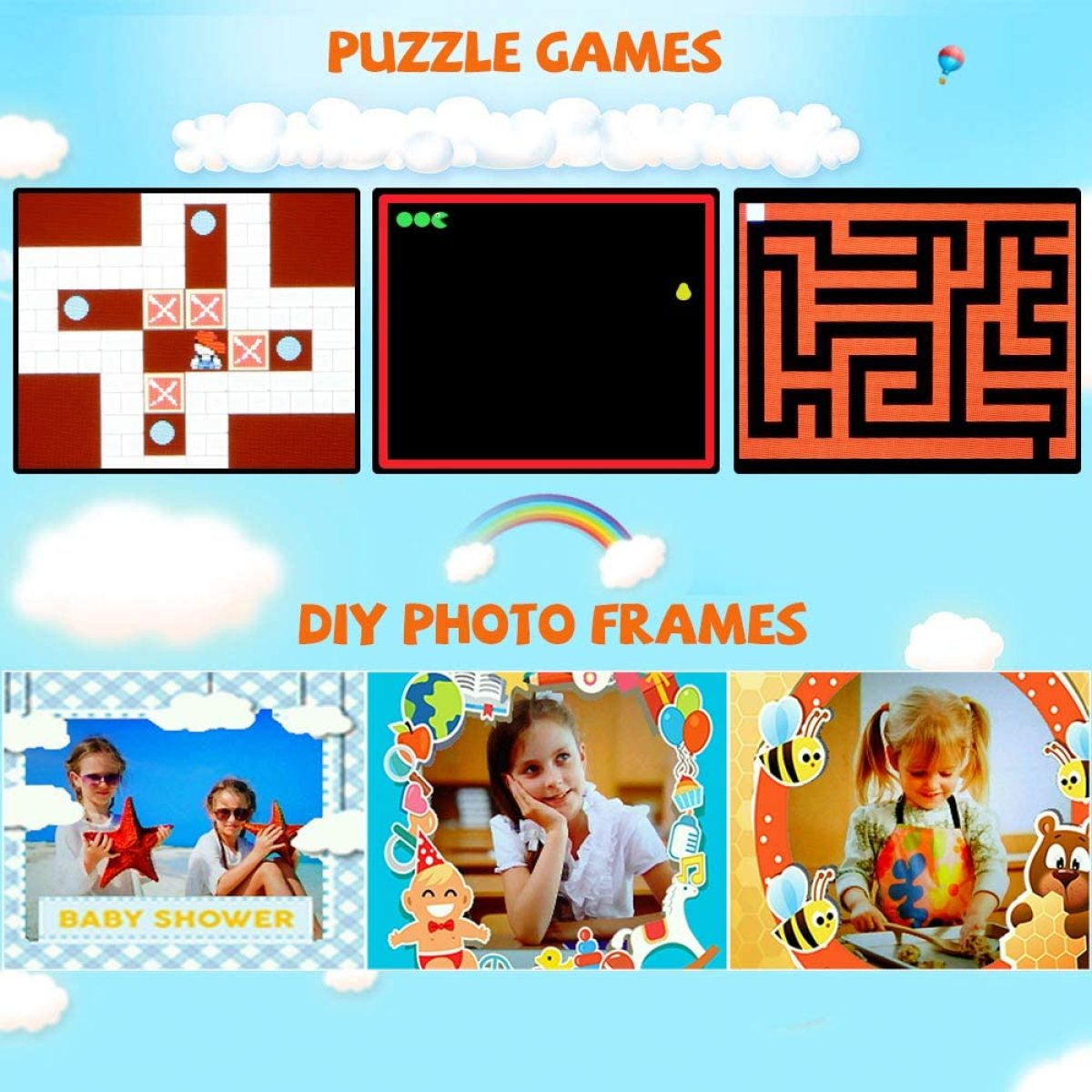 Drei Puzzlespiele und drei DIY-Fotorahmen werden angezeigt. Die Spiele beinhalten Labyrinthe und ein Ballspiel. Rahmen zeigen Fotos.
