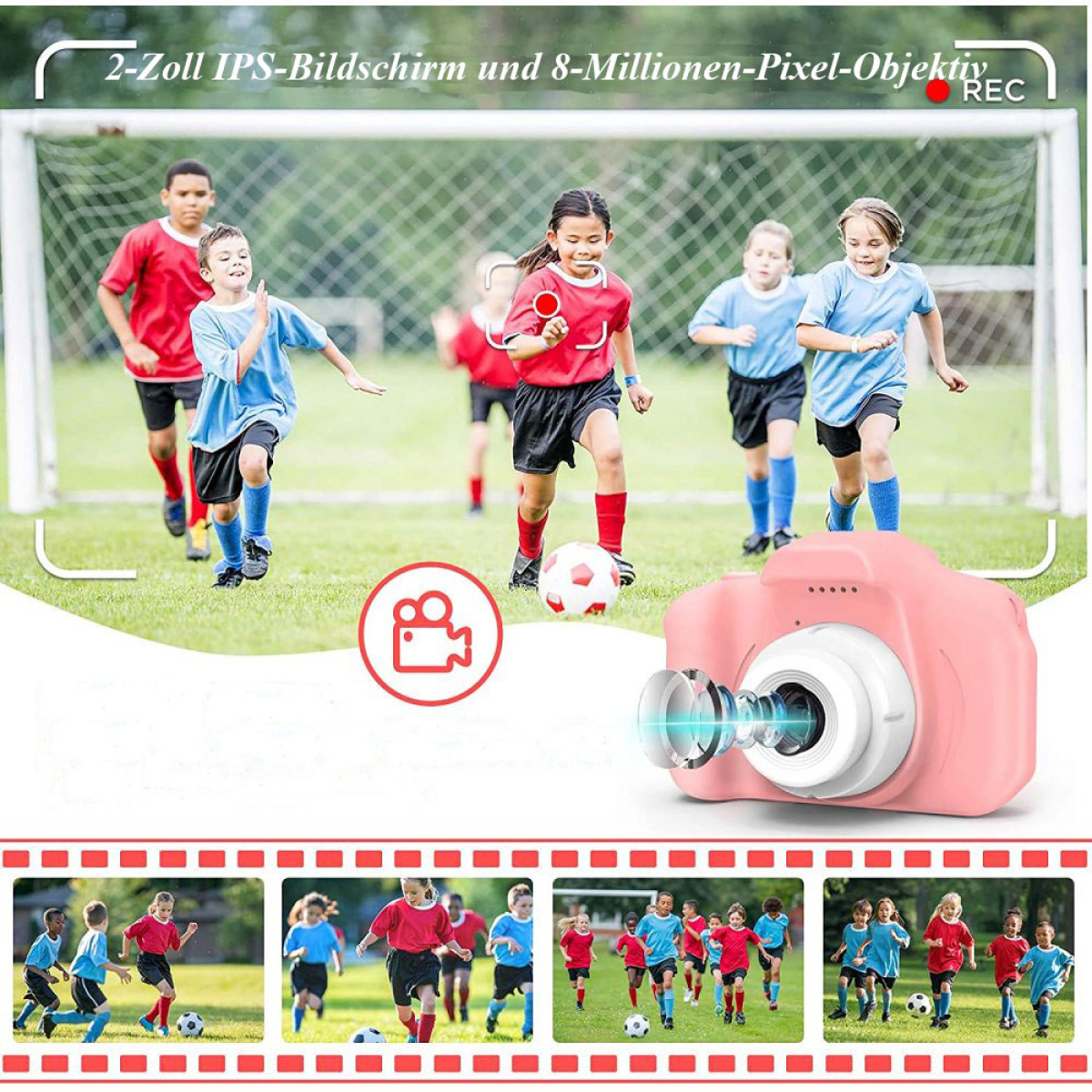 Kinder spielen Fußball. Eine rosa Kamera ist im Vordergrund.