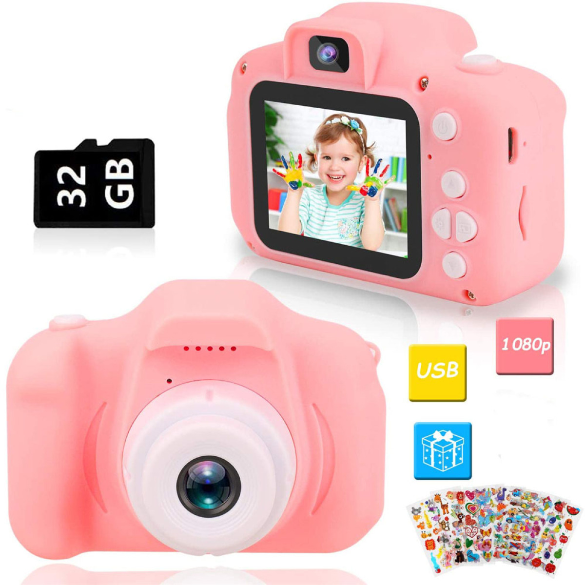 Eine rosa Spielzeugkamera mit 32 GB SD-Karte, Aufklebern und USB-Kabel. Kind auf dem Bildschirm.