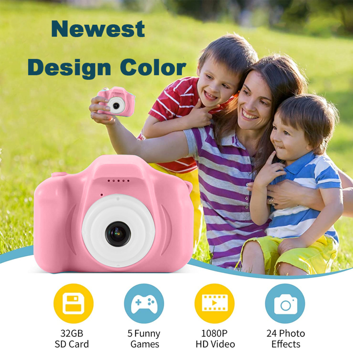 Eine Familie mit einer rosa Kamera und Kindern, mit Produktdetails darunter.