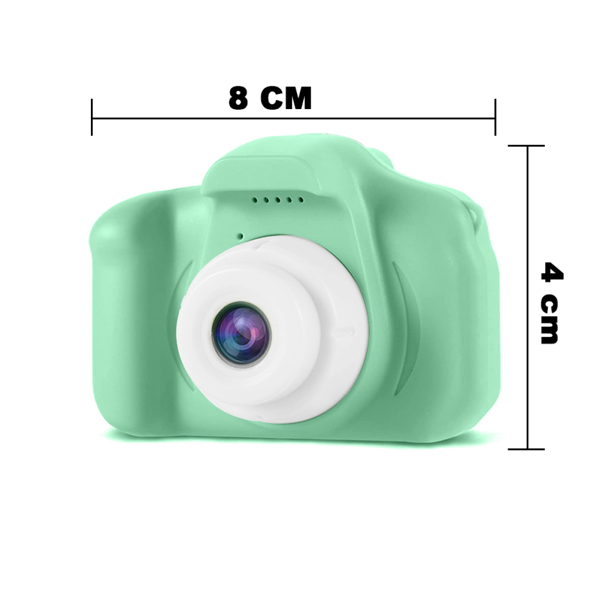 Minzgrüne Spielzeugkamera. Abmessungen: 8 cm breit, 4 cm hoch.