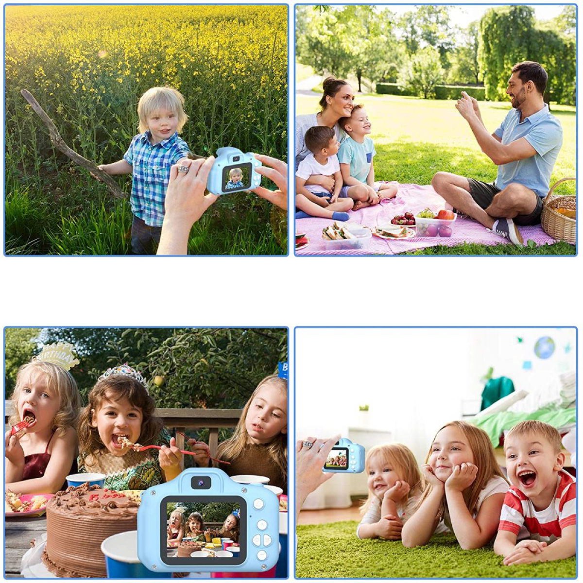 Eine Collage von vier Fotos zeigt Kinder mit einer Kamera, ein Picknick und eine Geburtstagsfeier.