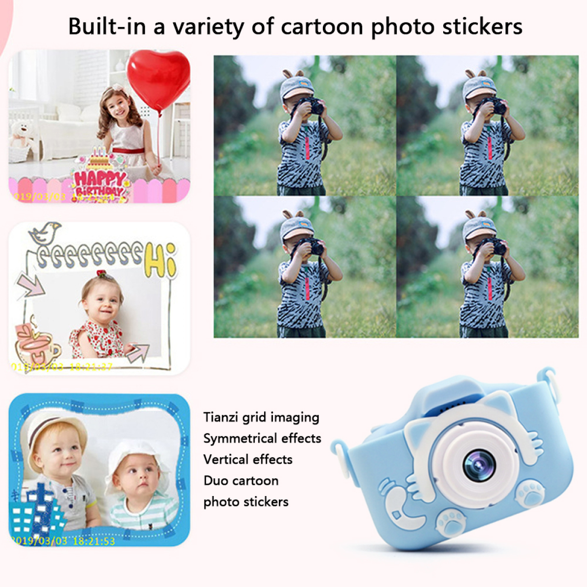 Eine Collage von Kinderfotos mit einer Cartoon-Kamera und Textüberlagerung.