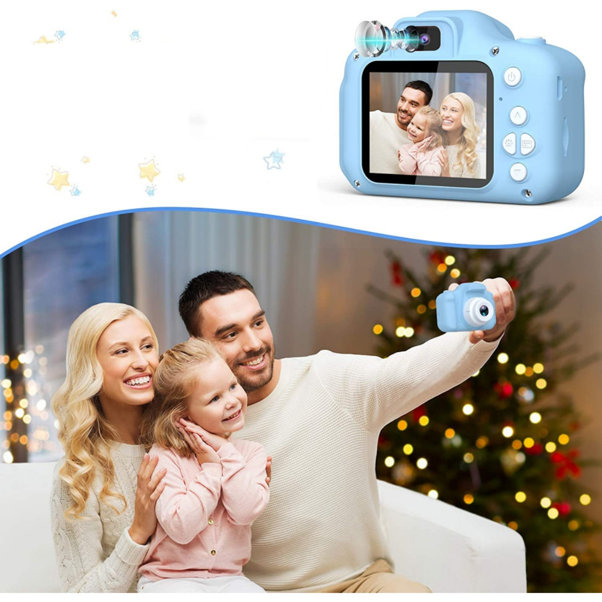 Familie macht Selfie mit blauer Kinderkamera; Kamera ist oben gezeigt.