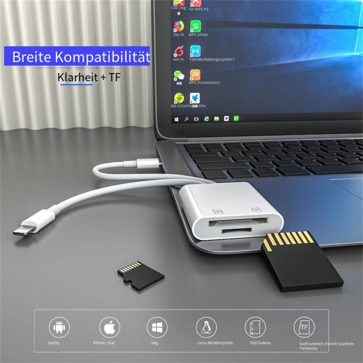 Ein Laptop, der mit einem Kartenleser mit SD-Karten und einem USB-C-Kabel verbunden ist.