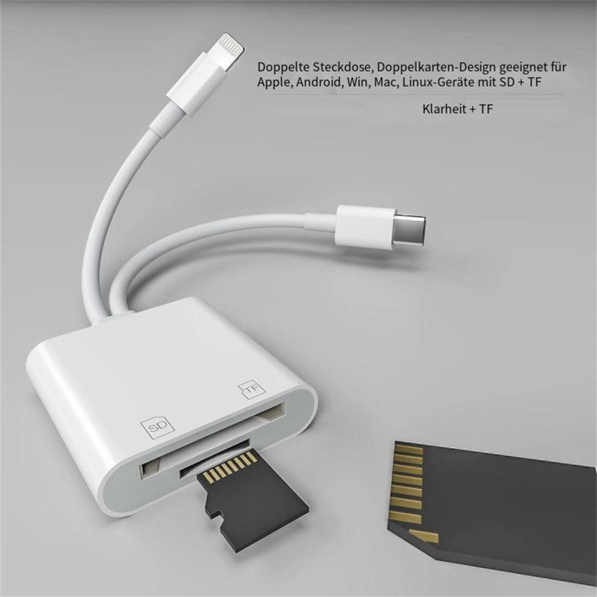 Weißer Adapter mit SD-Karte und Kabel. Text im Bild beschreibt die Verwendung für Apple, Android, Win, Mac, Linux.