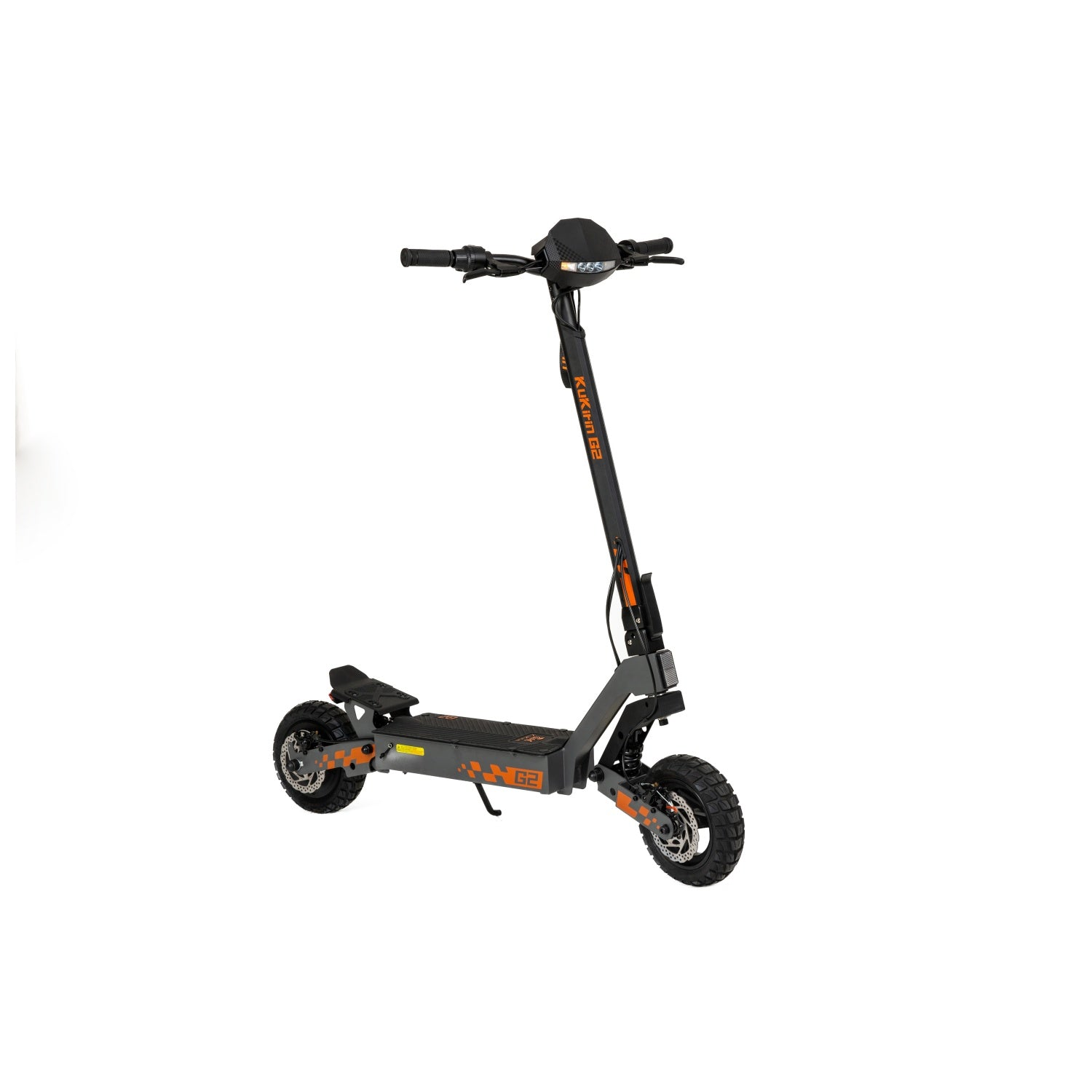Monopattino elettrico nero con accenti arancioni, su sfondo bianco. Presenta due ruote.