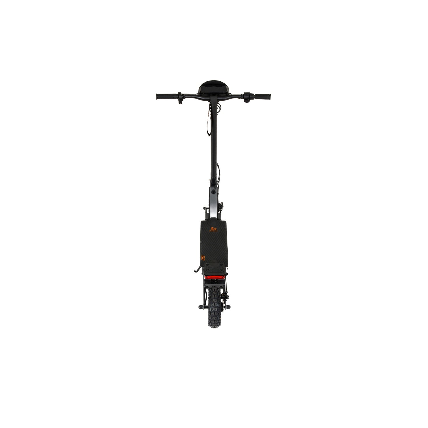 Scooter elettrico nero, visto da dietro, con un'unica ruota e una luce rossa.