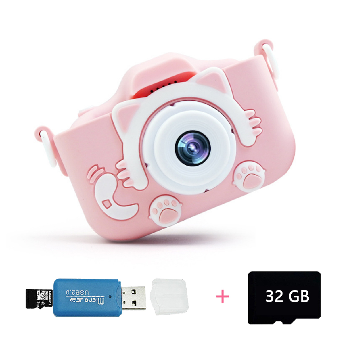 Rosa Spielzeugkamera mit Zubehör: USB-Leser und SD-Karte. Weißer Hintergrund.