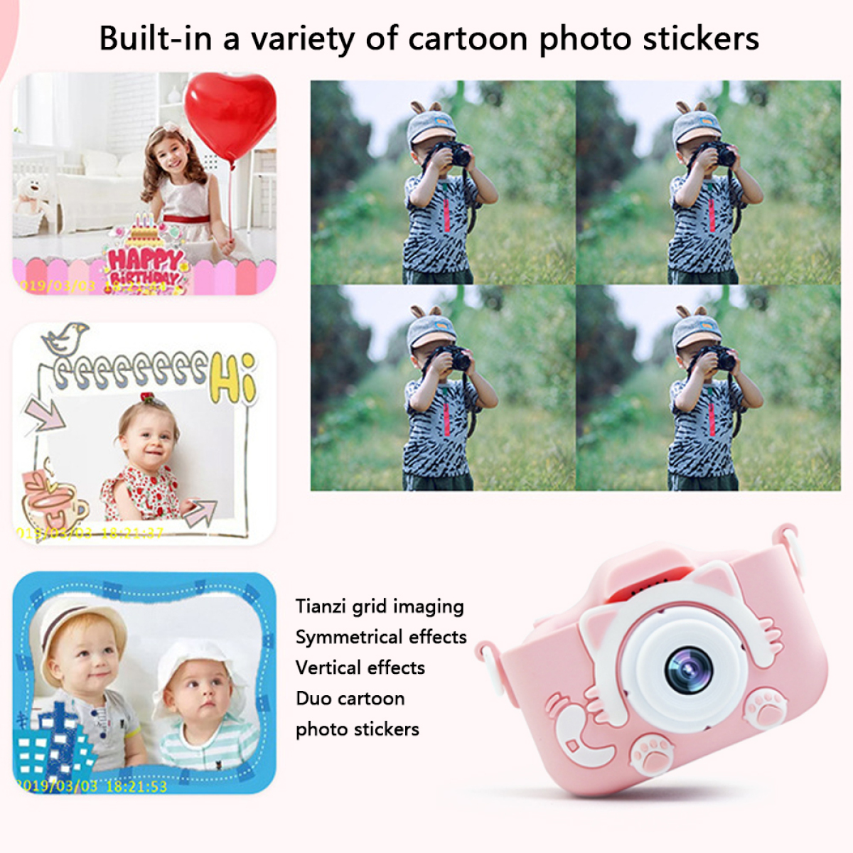 Eine Sammlung von Fotos mit einer rosa Kinderkamera, mit Cartoon-Stickern und einer Partyszene.