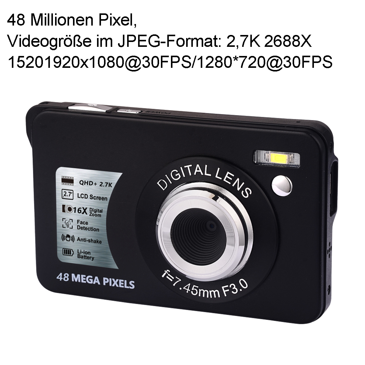 Schwarze Digitalkamera mit Text über Pixel und Videoauflösung.