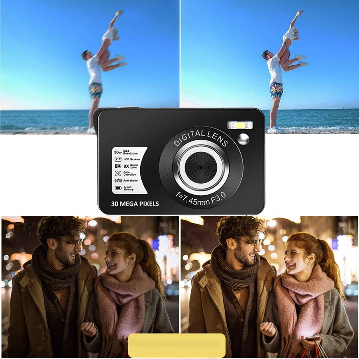 Eine Digitalkamera mit zwei Personen und zwei Szenen. Menschen am Strand und im Park.