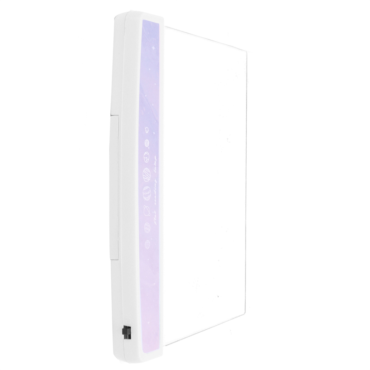 Ein weißes Buchlicht mit lila Farbverlauf, mit den Worten 'Star reading lamp'.
