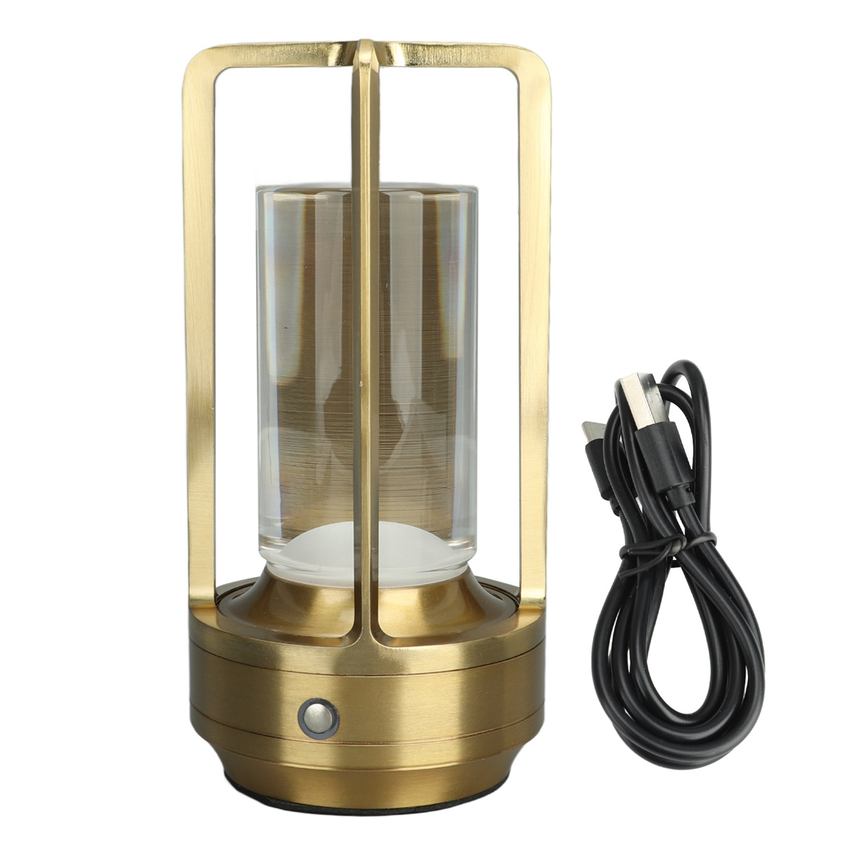 Goldfarbene Laterne mit zylindrischem Glasteil und schwarzem USB-Kabel.