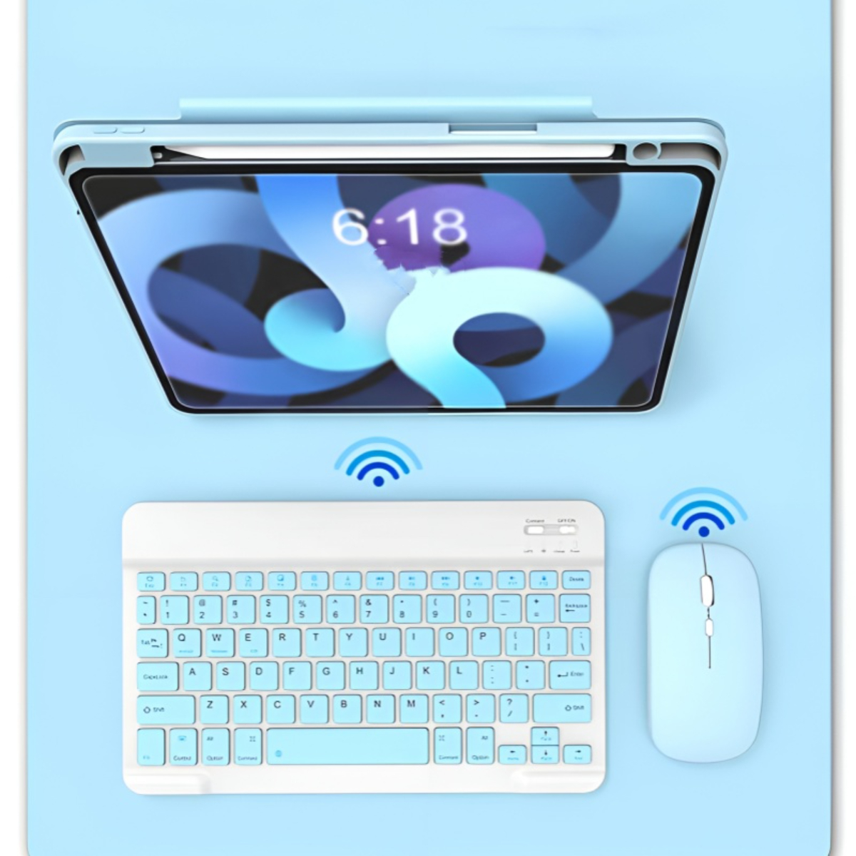 Ein blaues iPad mit Tastatur und Maus. Wi-Fi-Symbole sind vorhanden.