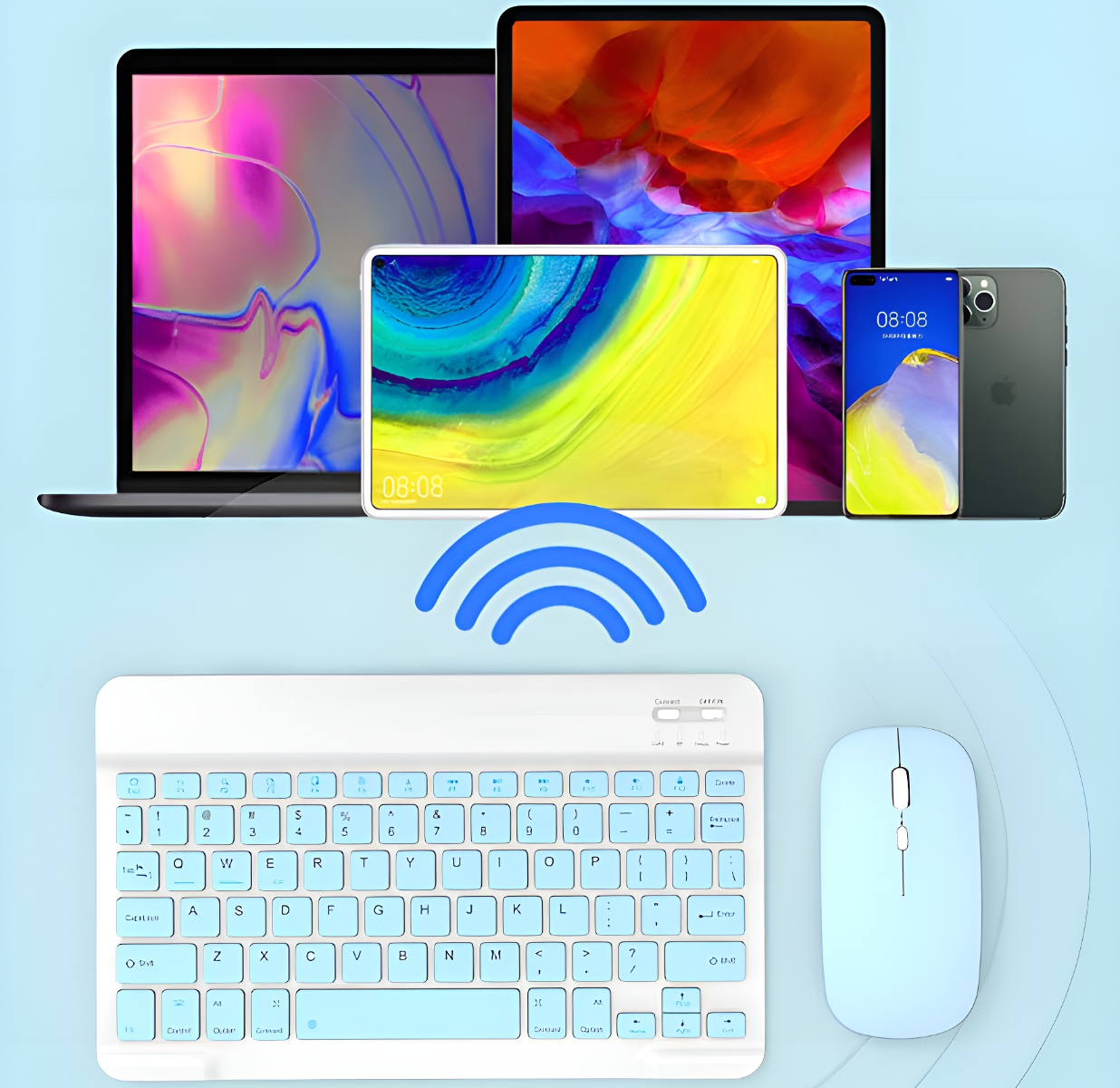 Ein Setup mit mehreren Geräten: Laptop, Tablet, Telefon, Tastatur und Maus, die drahtlose Konnektivität zeigen.
