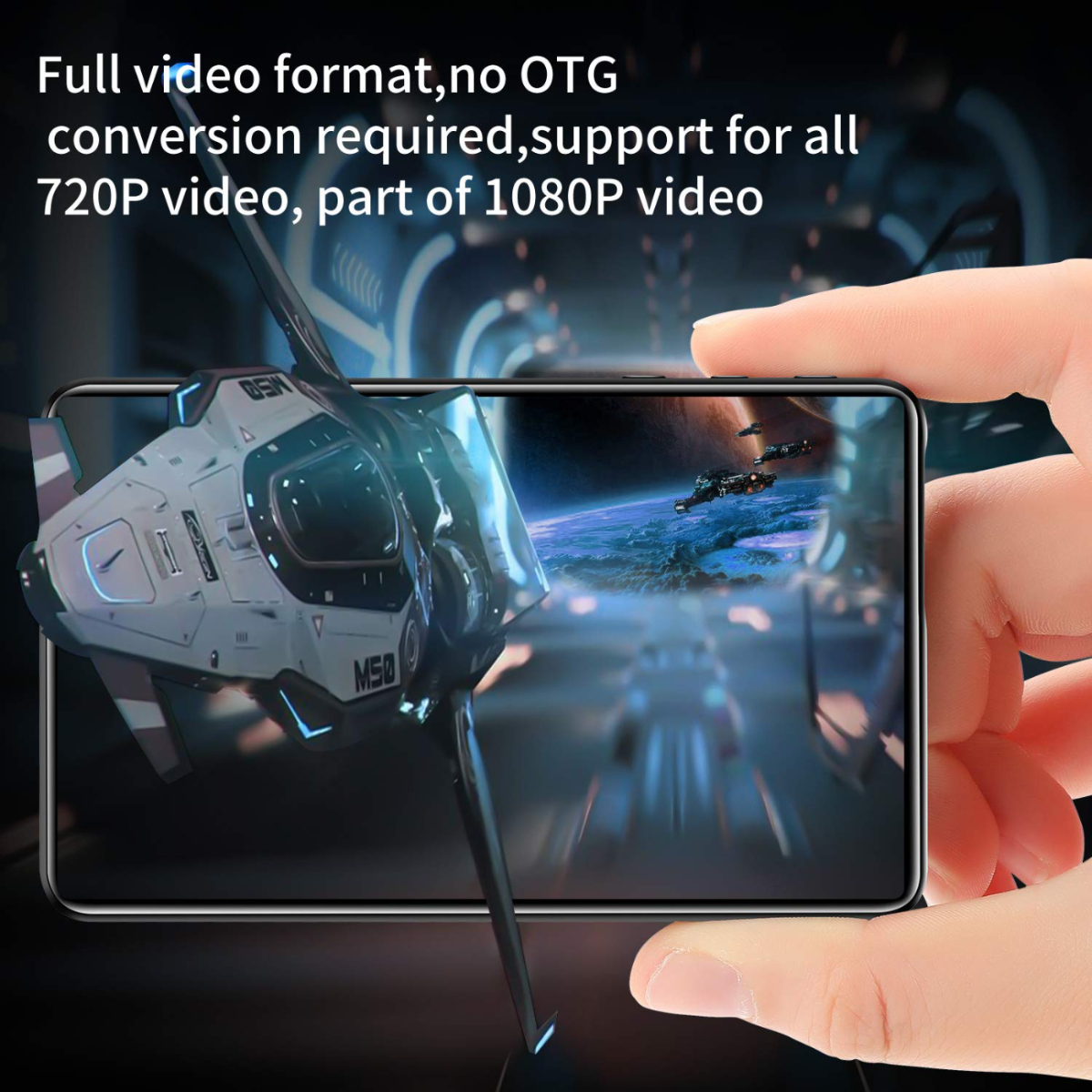 Eine Hand, die ein Telefon hält, das ein Weltraumszenenvideo anzeigt. Text: Vollvideoformat, kein OTG erforderlich.