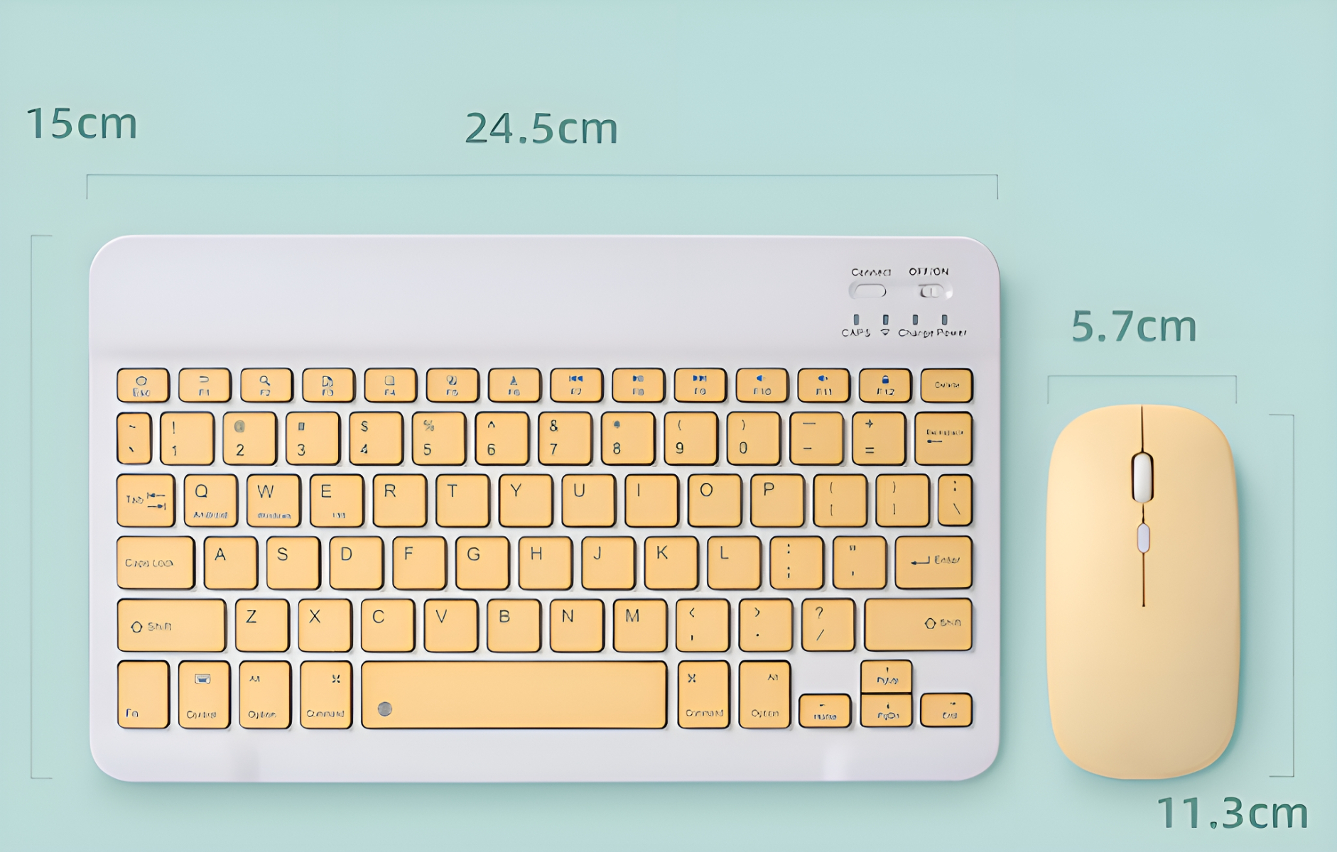 Weiße und gelbe Tastatur und Maus. Die Tastatur hat gelbe Tasten und die Maus ist ebenfalls gelb.