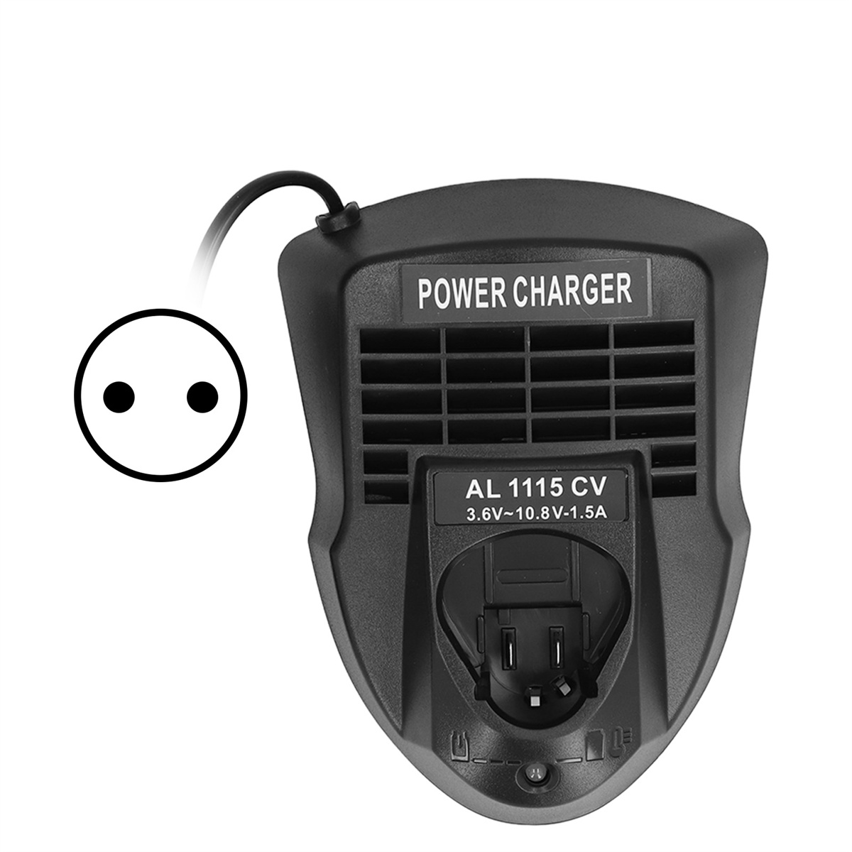 Schwarzes Ladegerät mit Steckdosensymbol. Es hat ein schwarzes Kabel. Der Text "POWER CHARGER" wird angezeigt.