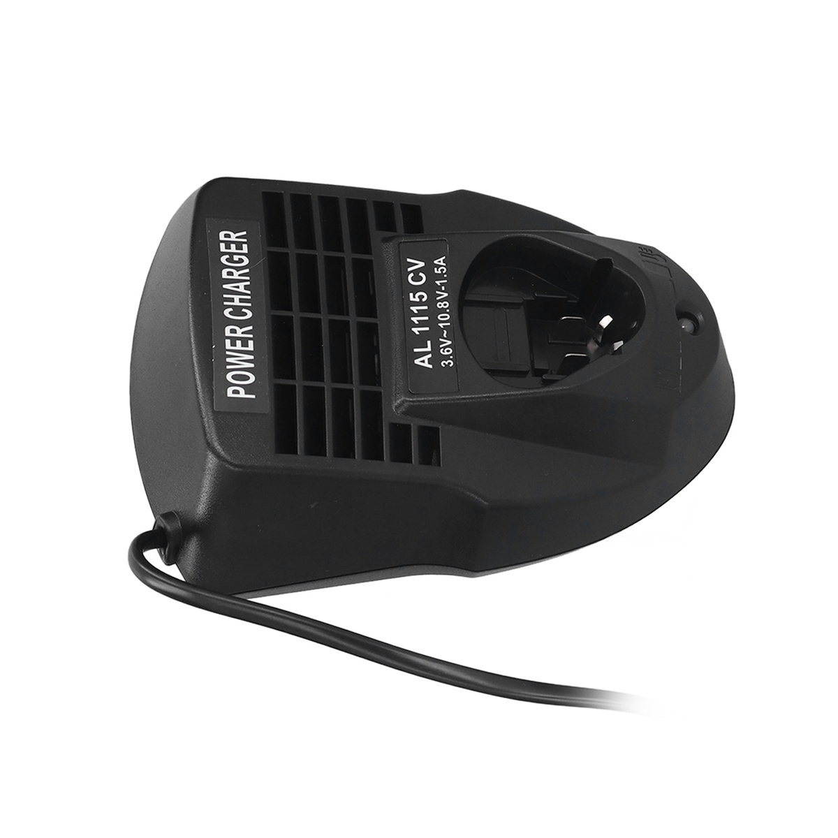 Netzladegerät, schwarz, schräge Ansicht. Aufschrift: AL 1115 CV, 3,6V-10,8V-1,5A. Weißer Hintergrund.