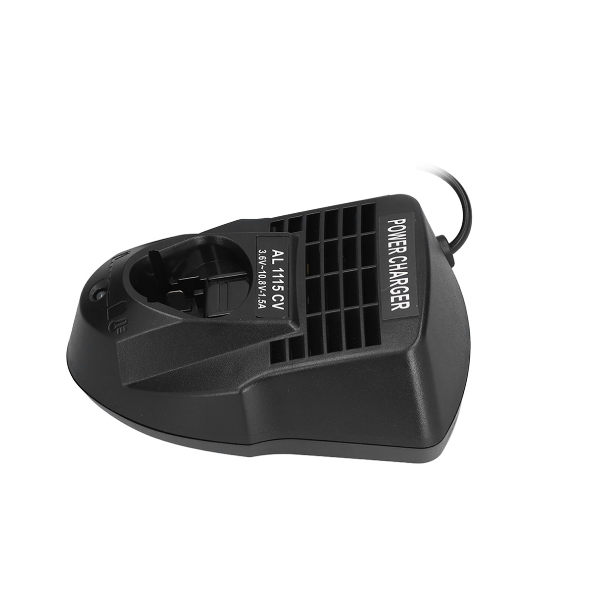 Schwarzes Ladegerät mit dem Text "POWER CHARGER" darauf.