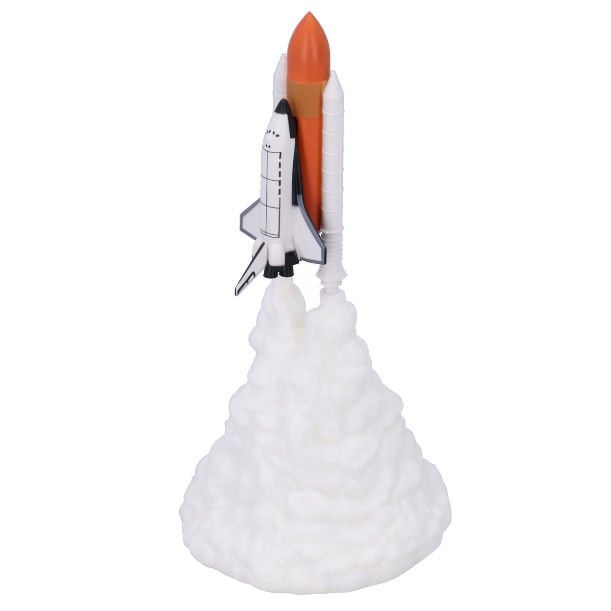 Spielzeug-Raketenschiff, das mit Flamme und Rauch startet. Weiße und orangefarbene Farben.