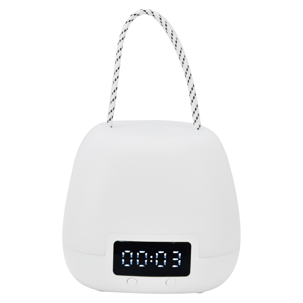 Weiße Lampe mit Griff, Digitalanzeige mit Uhrzeit, auf weißem Grund.