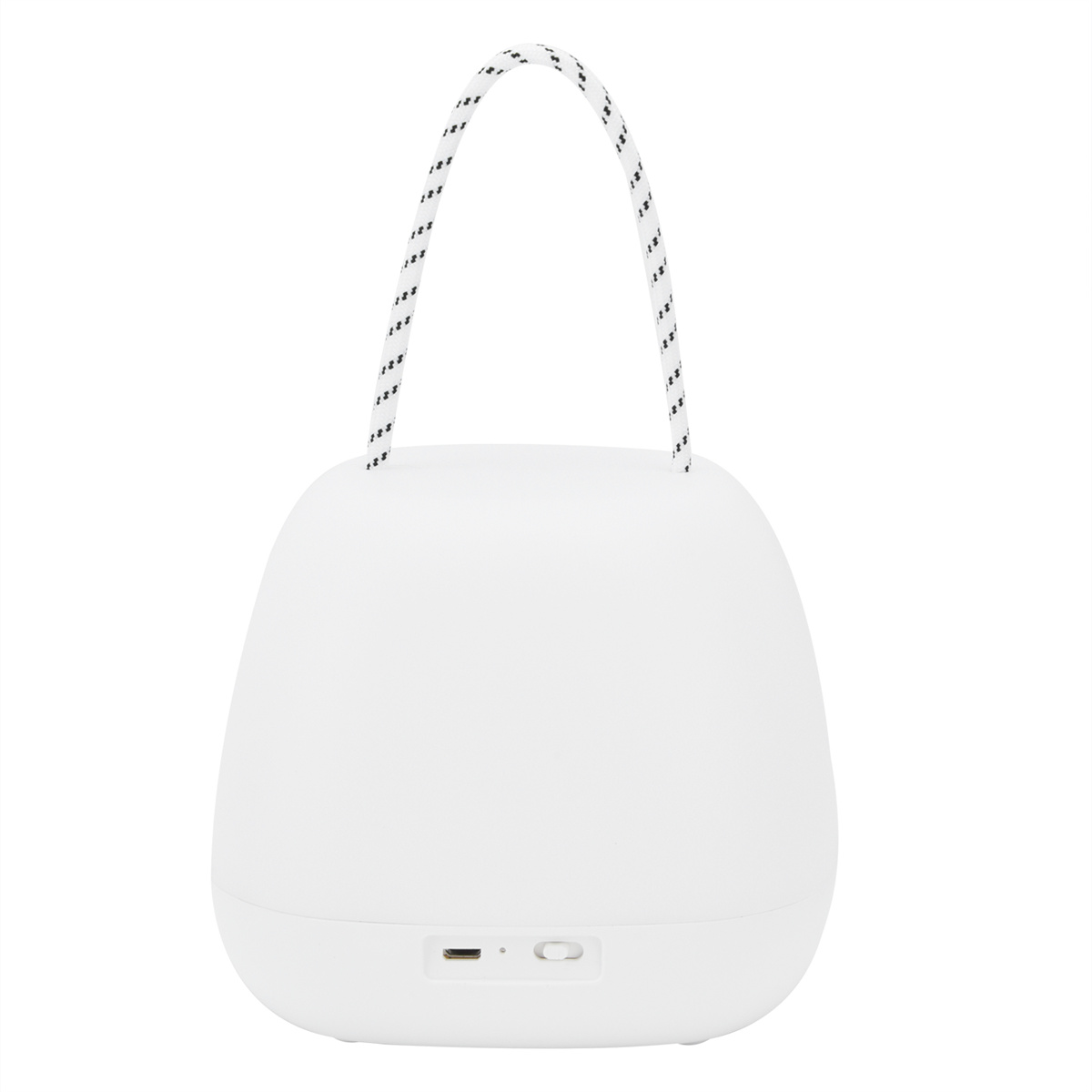 Weiße, runde, tragbare Lampe mit Griff. Ein USB-Anschluss und Schalter sind sichtbar.