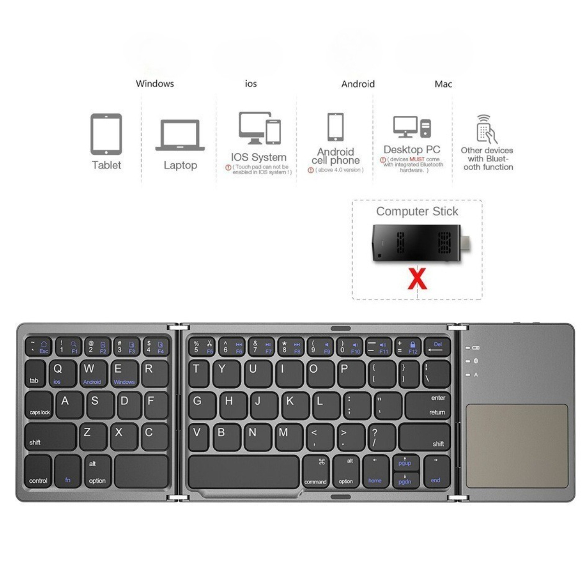 Eine klappbare, silberne Tastatur mit Touchpad, von oben gesehen. Verschiedene Geräte-Icons sind oben.