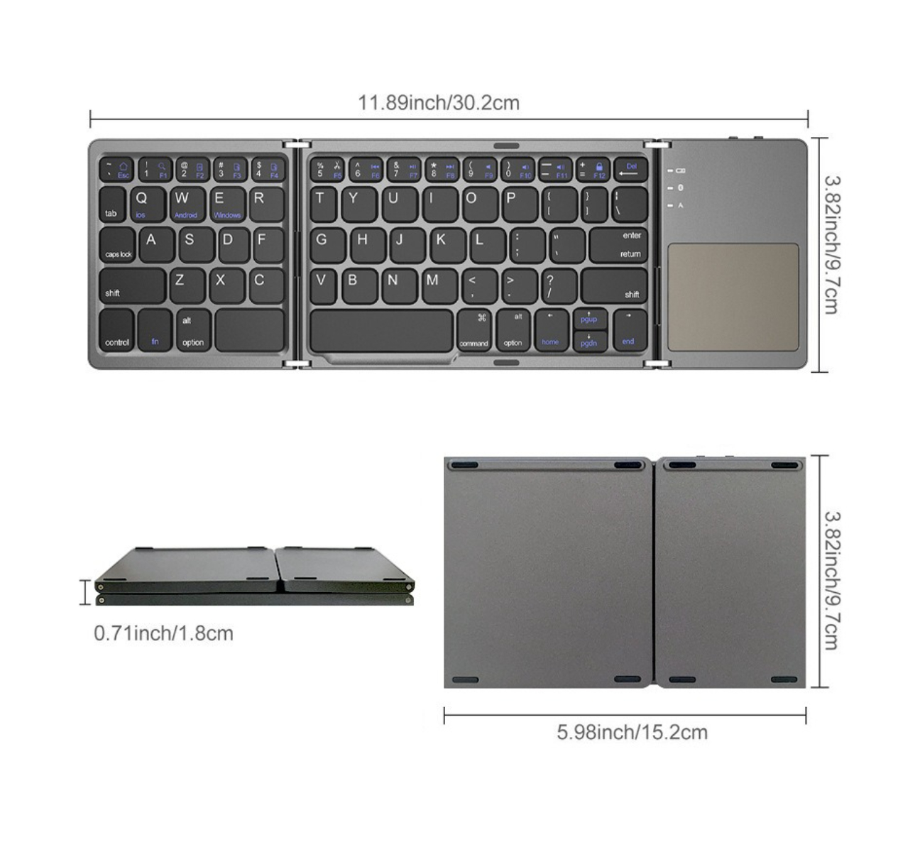 Faltbare graue Tastatur mit Touchpad, misst 11,89x30,2cm offen und 5,98x15,2cm gefaltet.