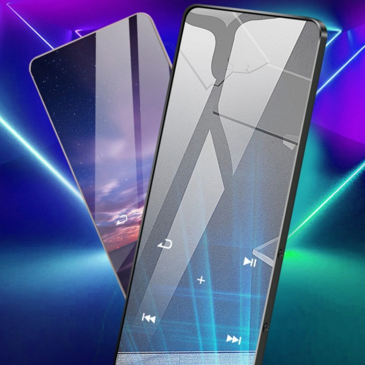 Zwei Telefone. Displayschutz auf dem oberen Telefon. Blauer und violetter Hintergrund.
