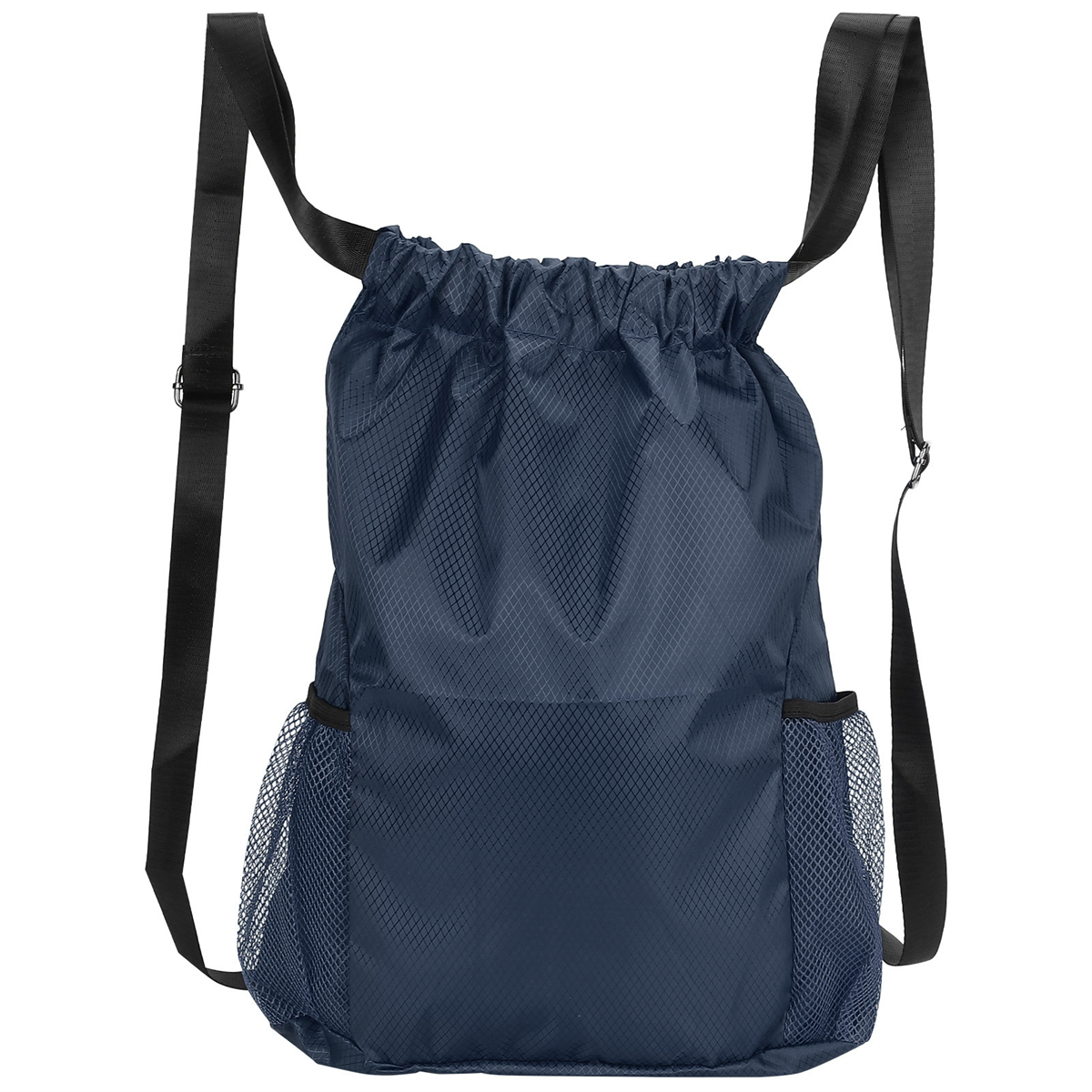 Marineblauer Rucksack mit Kordelzug und schwarzen Trägern. Zwei Netztaschen vorne. Weißer Hintergrund.
