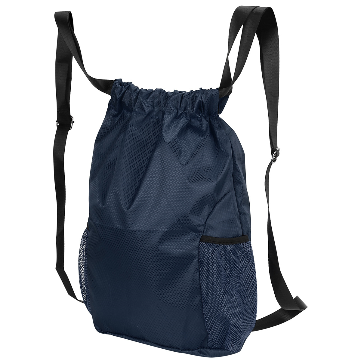 Ein marineblauer Kordelzug-Rucksack mit einer Netztasche und schwarzen Trägern.