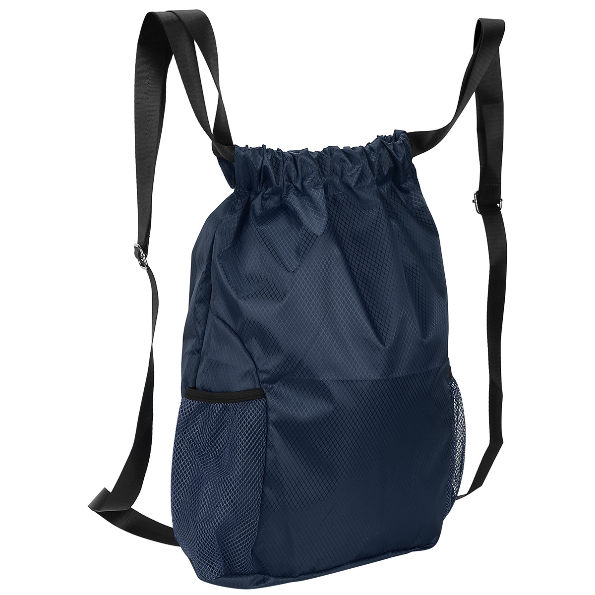 Navyblauer Rucksack mit Kordelzug, schwarzen Trägern und einer Netztasche.