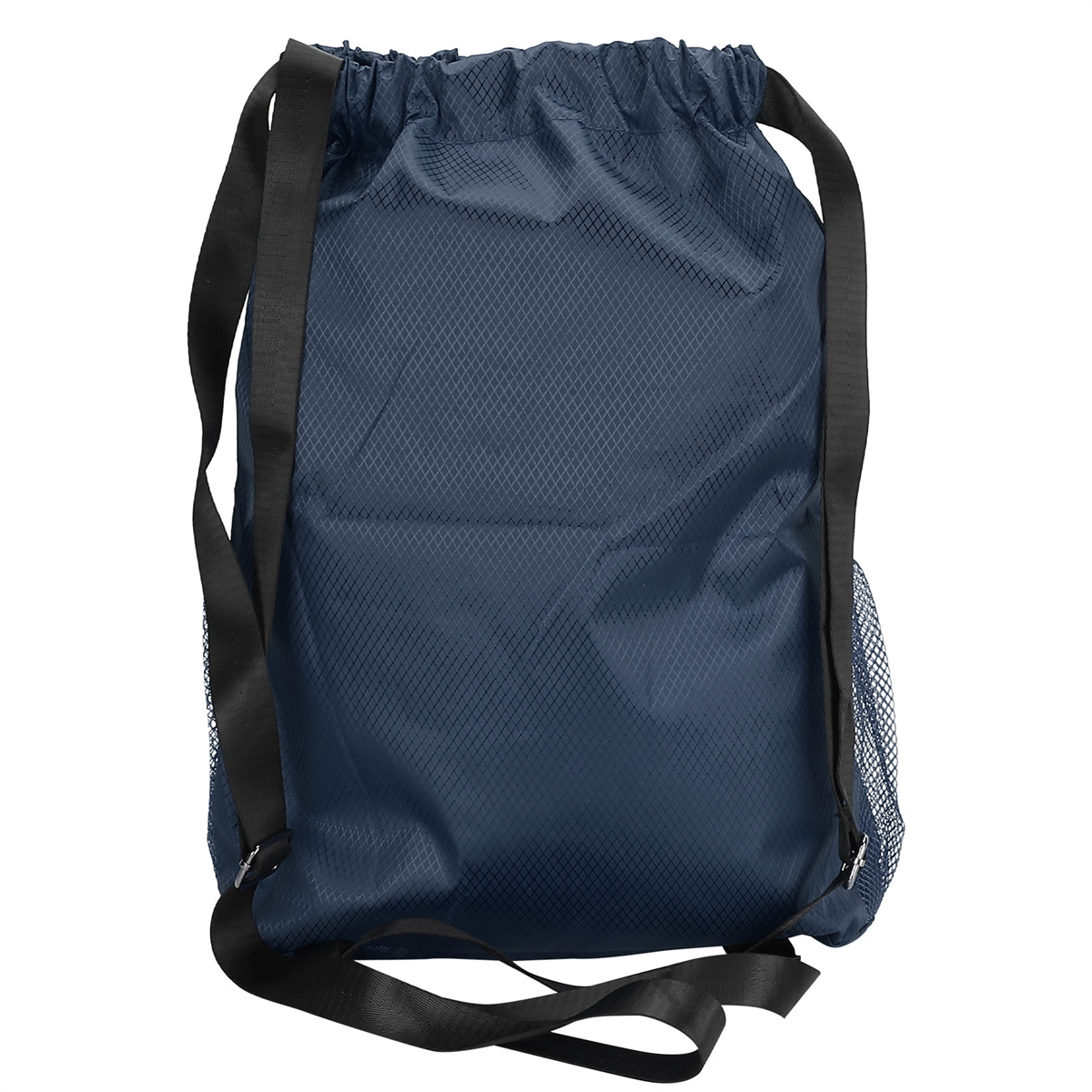 Dunkelblauer Kordelzugbeutel mit schwarzen Trägern und einer Netztasche, vor weißem Hintergrund.