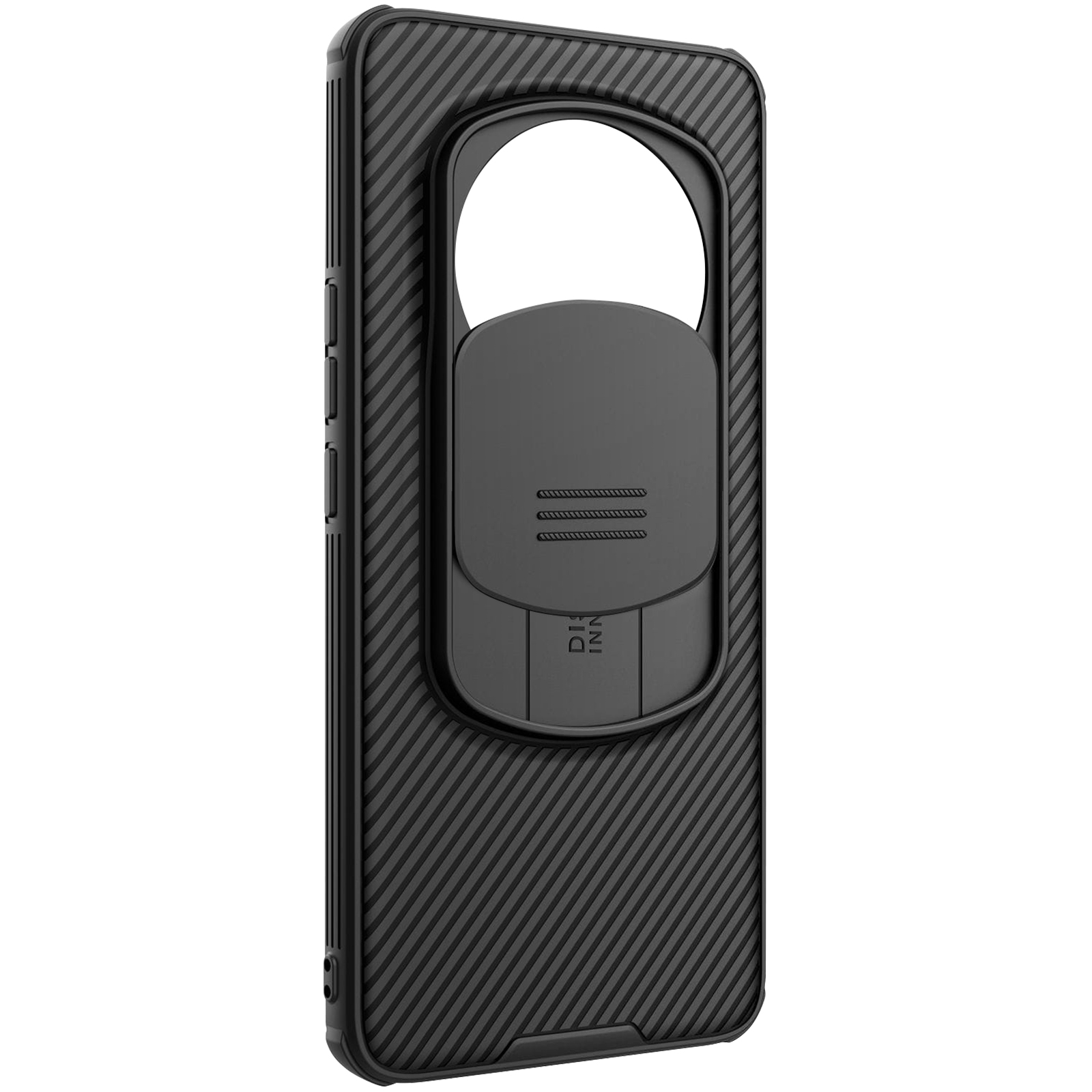 Custodia per telefono nera con copertura scorrevole per fotocamera. Ha una superficie strutturata.
