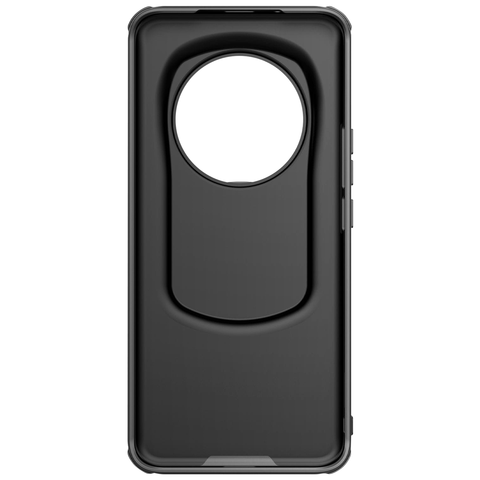 Custodia nera per telefono, con apertura rotonda per la fotocamera.