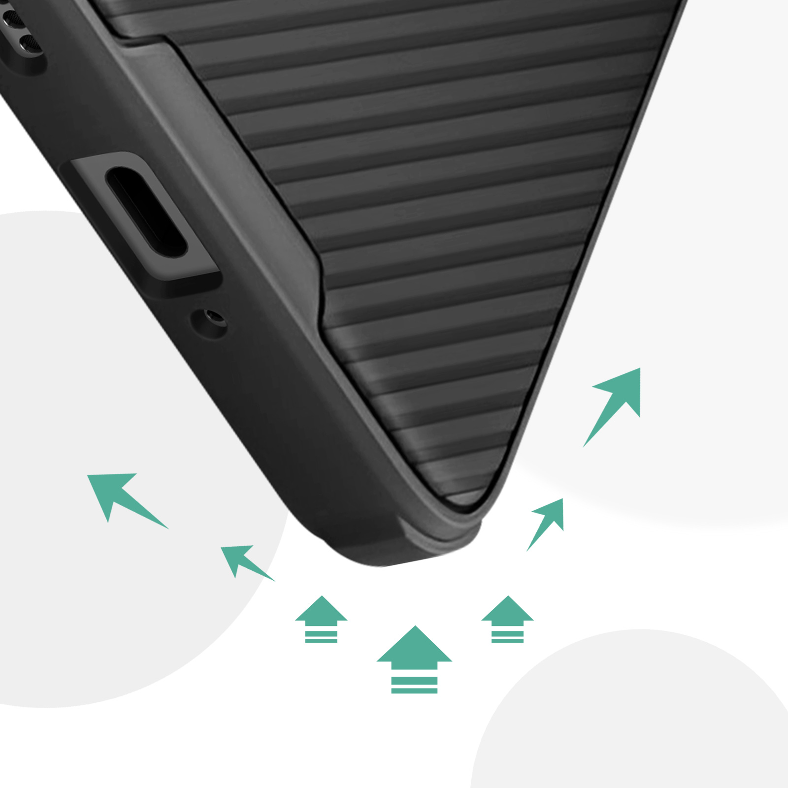 Primo piano di una custodia per telefono nera con superficie strutturata e frecce.