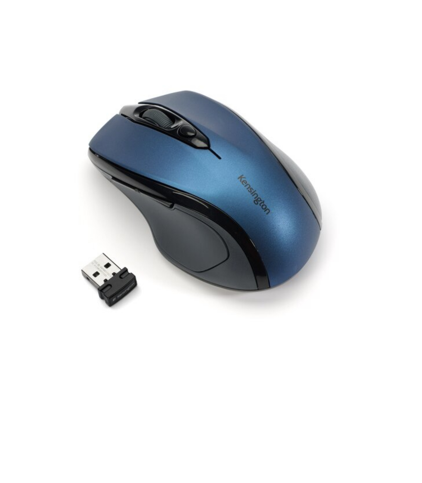 Mouse wireless Kensington blu e nero con ricevitore USB accanto.