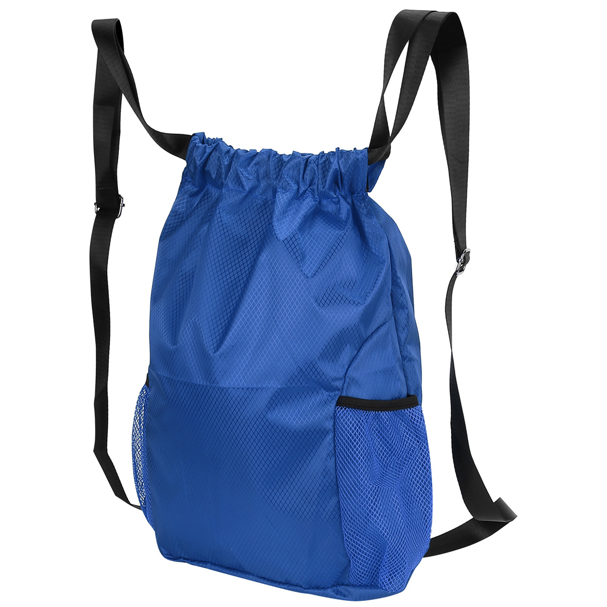 Blauer Kordelzug-Rucksack. Mit einer Seitentasche aus Mesh und schwarzen Schultergurten.
