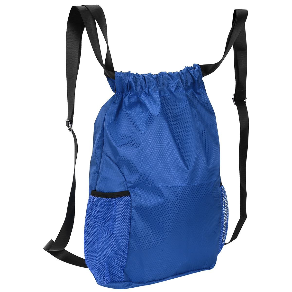 Ein blauer Kordelzug-Rucksack mit schwarzen Trägern und einer Netztasche.