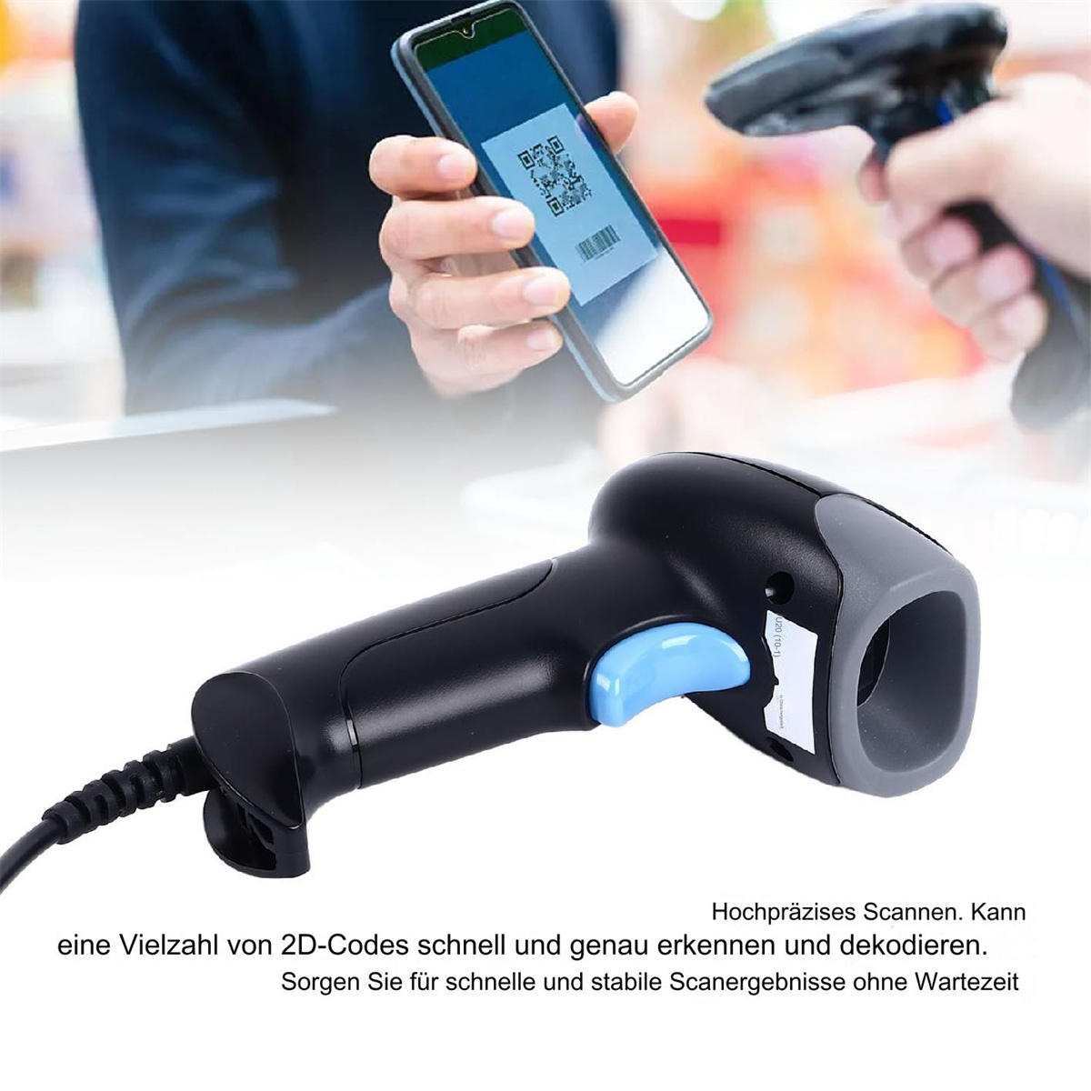 Hand hält Telefon mit QR-Code, scannt es mit einem schwarzen Barcodescanner. Weißer Hintergrund.