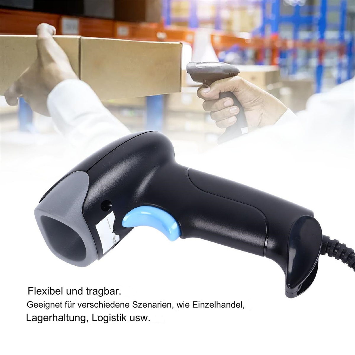 Ein Hand-Barcode-Scanner. Er ist schwarz und grau mit einem blauen Knopf, wird benutzt.