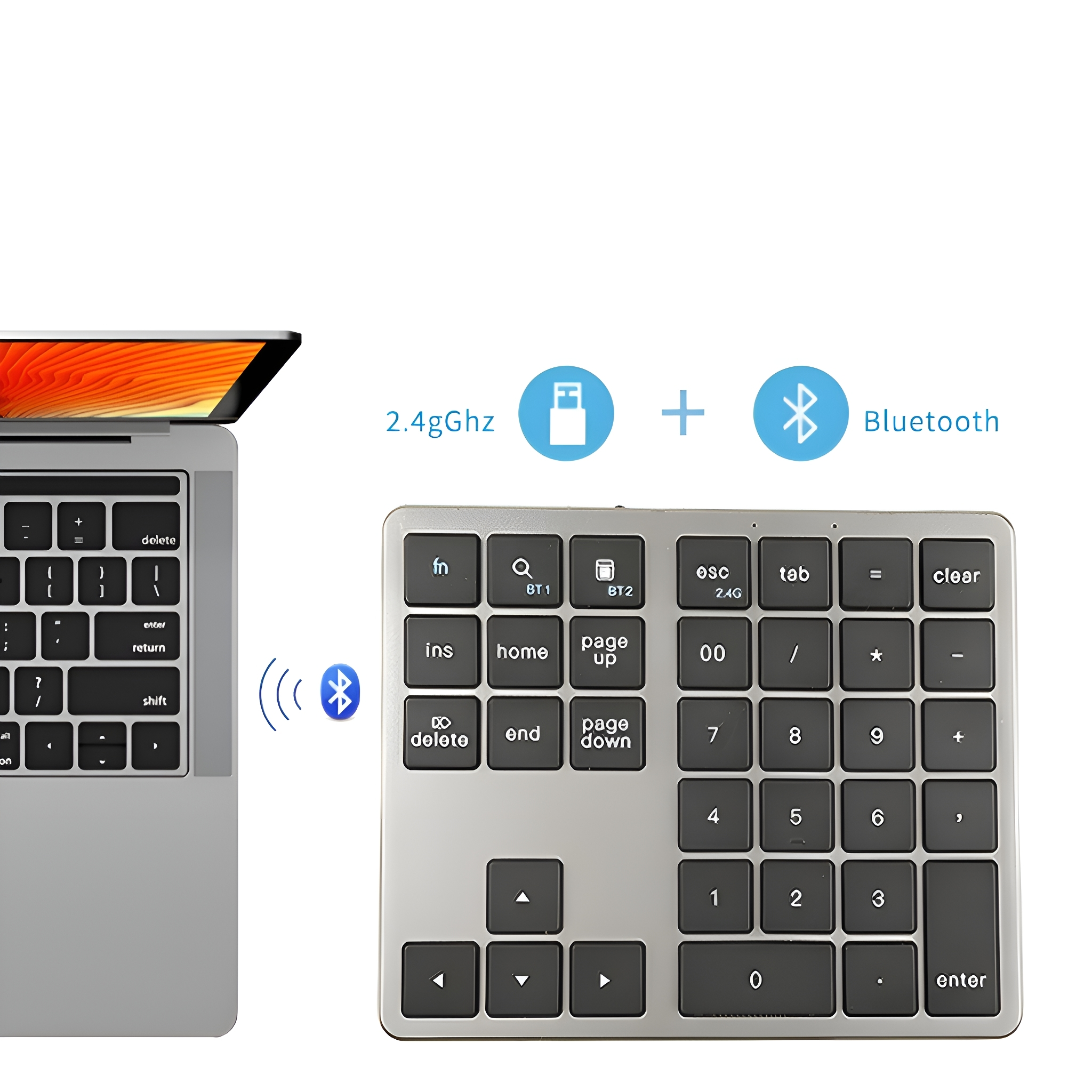 Laptop und silberner Nummernblock. Bluetooth- und 2,4-GHz-Symbole sind über den Geräten abgebildet.