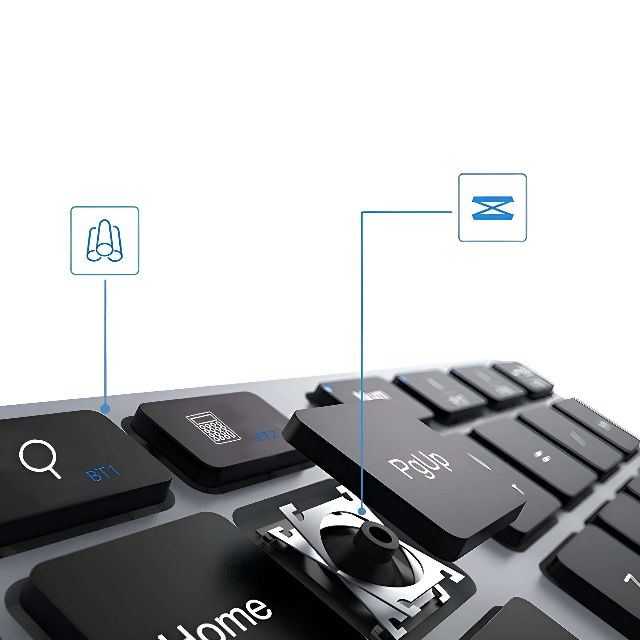Tastatur mit Tasten und dem Mechanismus darunter. Die Tasten sind schwarz.